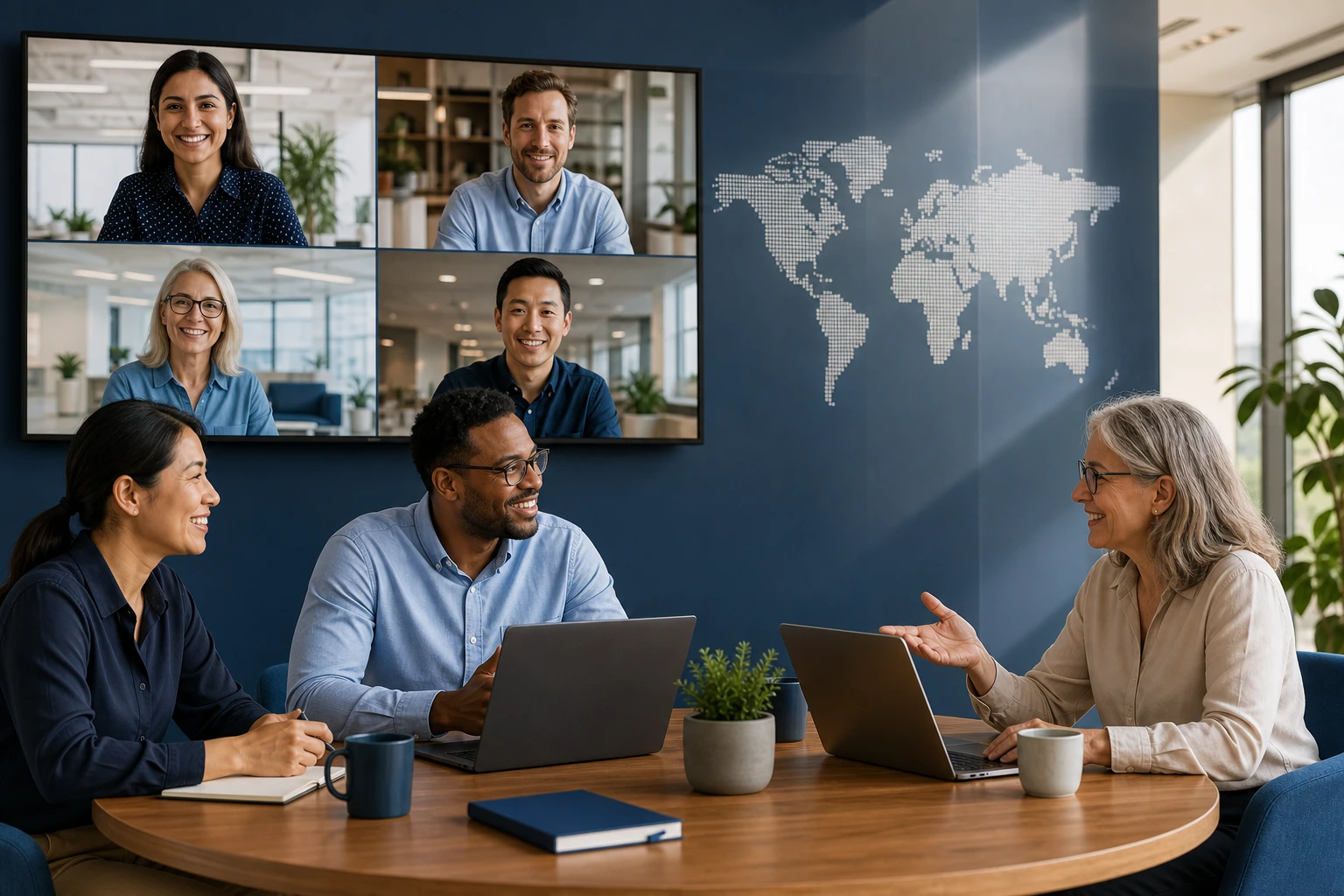 An international team collaborating with remote colleagues across countries