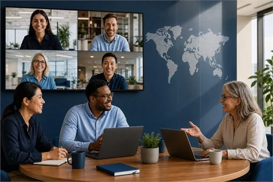 An international team collaborating with remote colleagues across countries