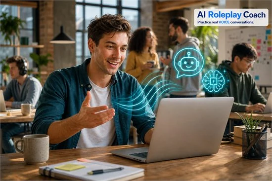 A young entrepreneur practising with an AI coach in a shared office, with colleagues nearby and sound waves and AI icons above his laptop