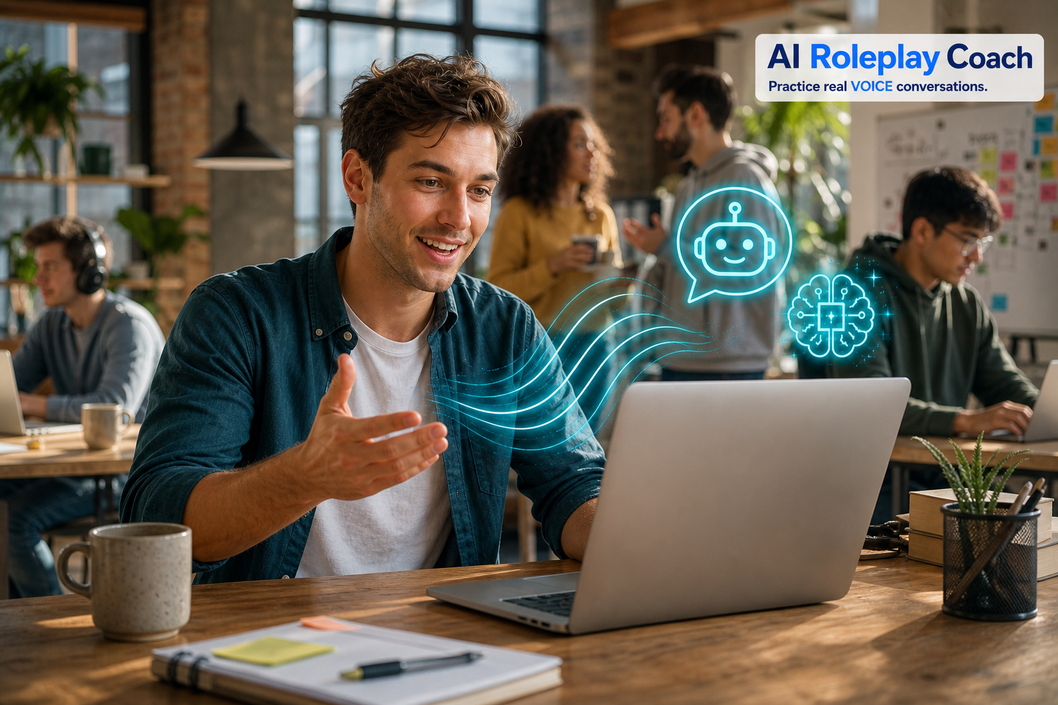 A young entrepreneur practising with an AI coach in a shared office, with colleagues nearby and sound waves and AI icons above his laptop
