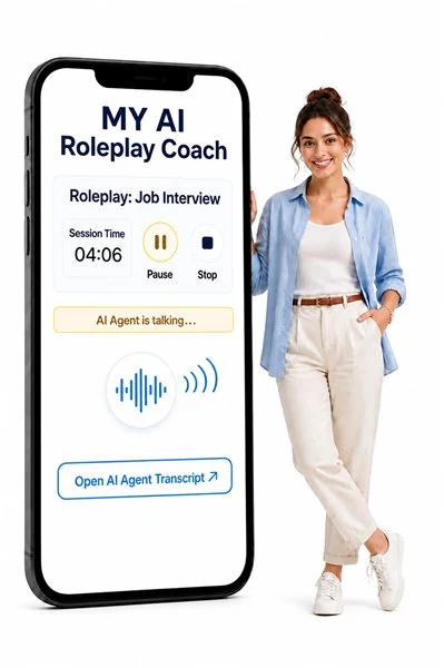 A young professional beside the MyRoleplayCoach.ai while the AI Coach speaks during a job interview roleplay