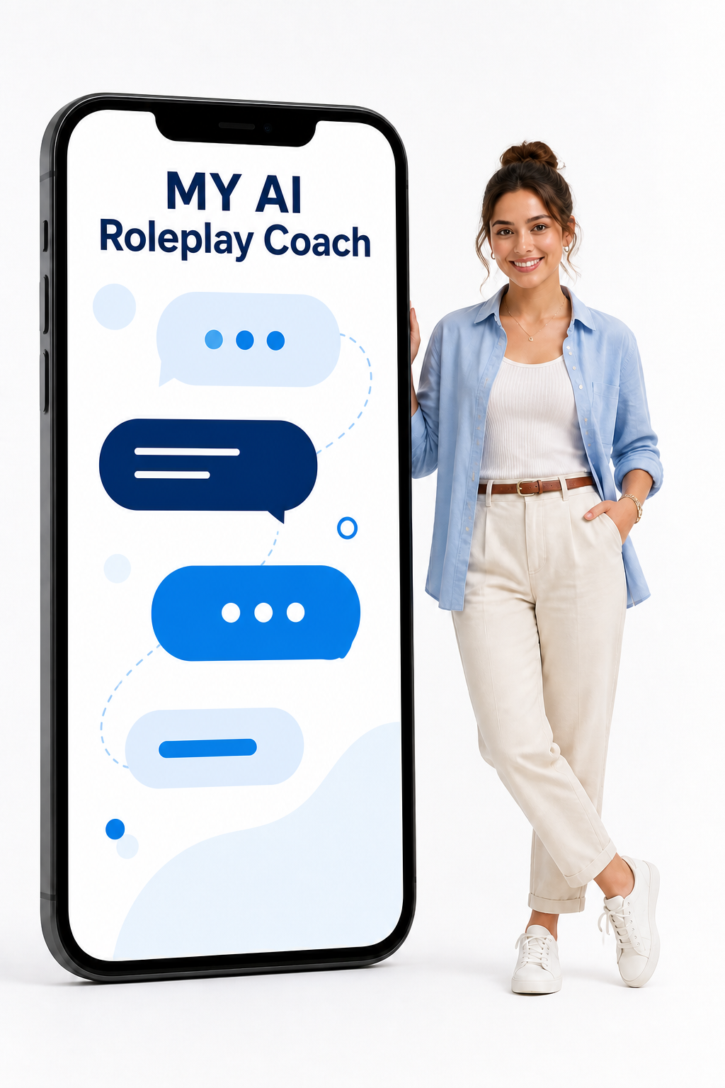 A young professional standing beside a smartphone titled MY AI Roleplay Coach