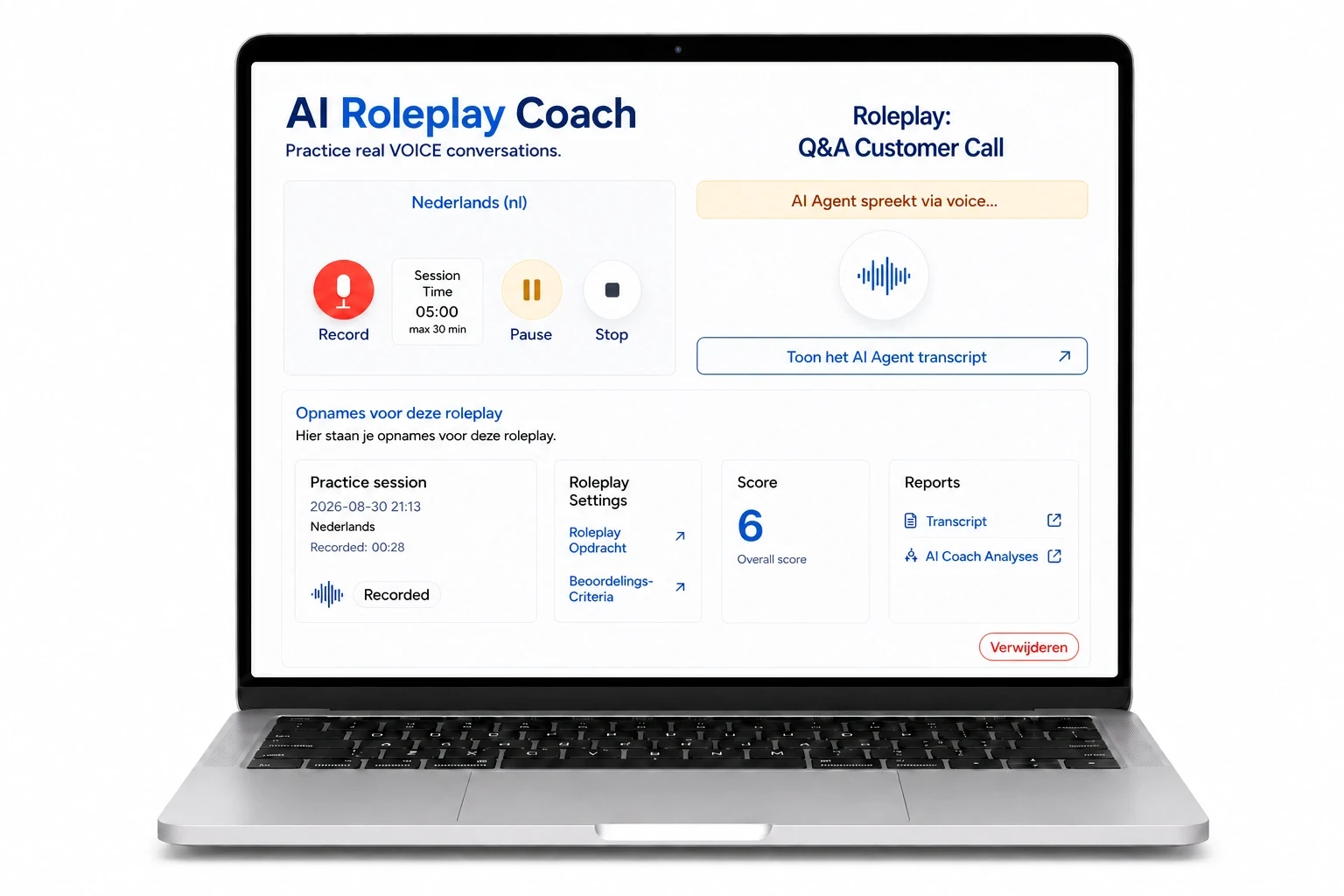Laptop showing the MyRoleplayCoach.ai recording interface, waveform and reports