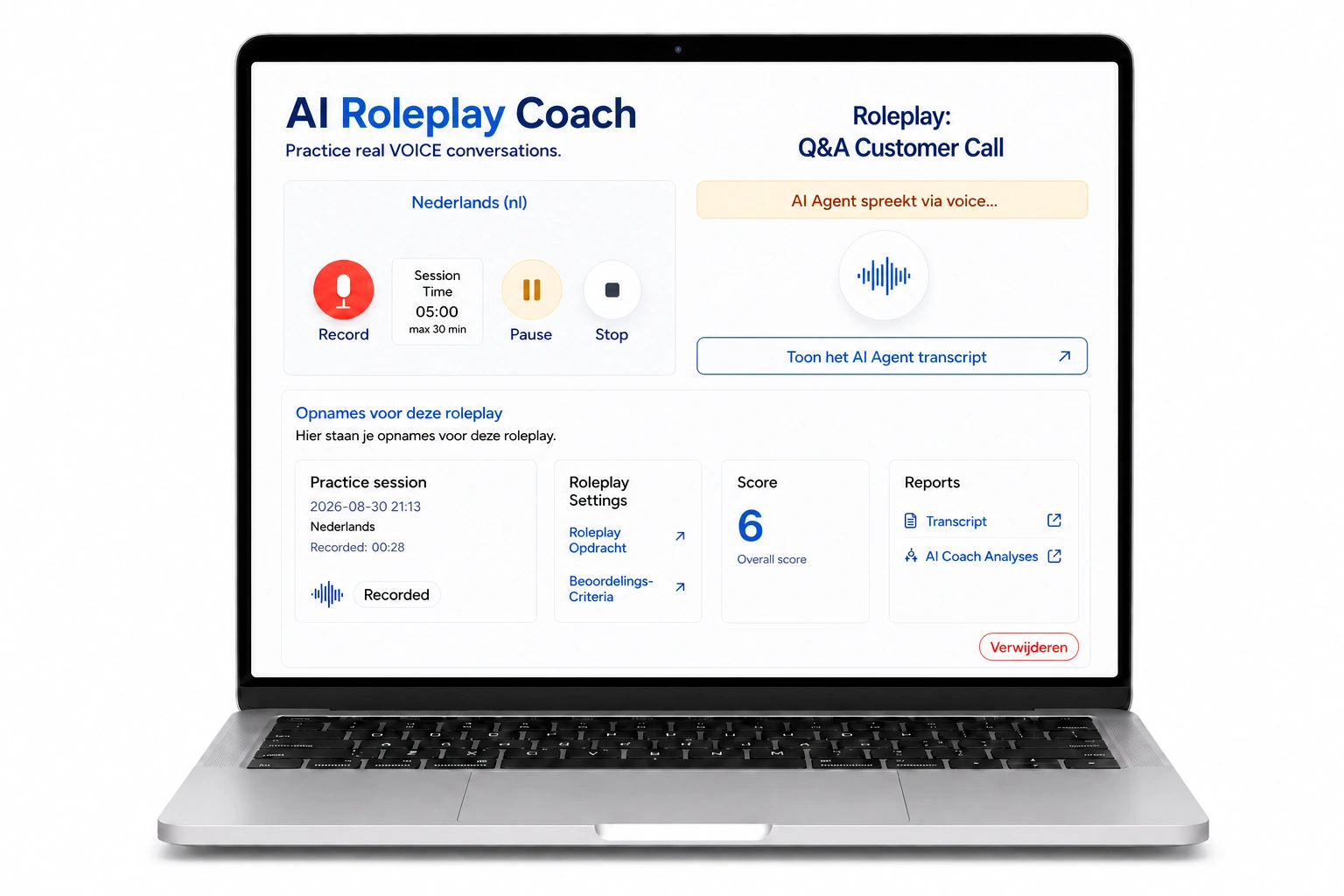 Laptop showing the AI Roleplay Coach recording interface, waveform and reports