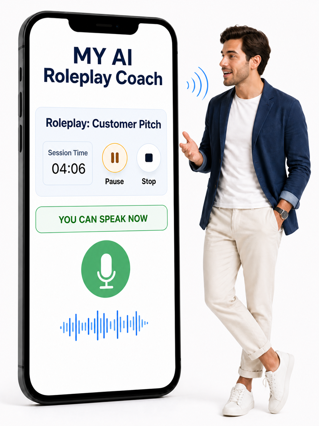 A young professional man practising a customer pitch with the AI Roleplay Coach recording app
