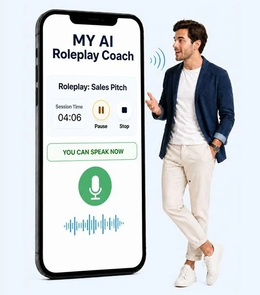 A man practising a conversation with the MyRoleplayCoach.ai on a mobile phone