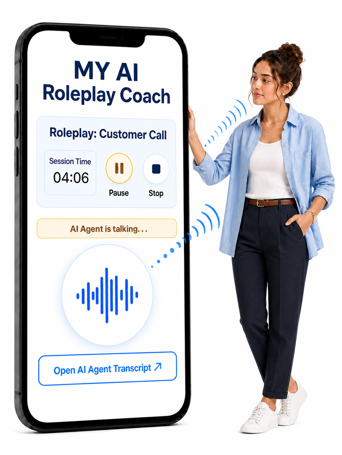 A young professional woman listening while the AI Roleplay Coach speaks during a customer call