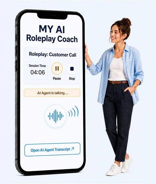 A happy young professional woman listening while the MyRoleplayCoach.ai speaks during a customer call