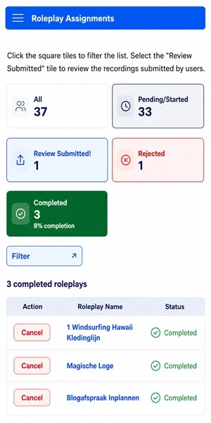 Three completed roleplays, each with a Cancel button and green Completed status