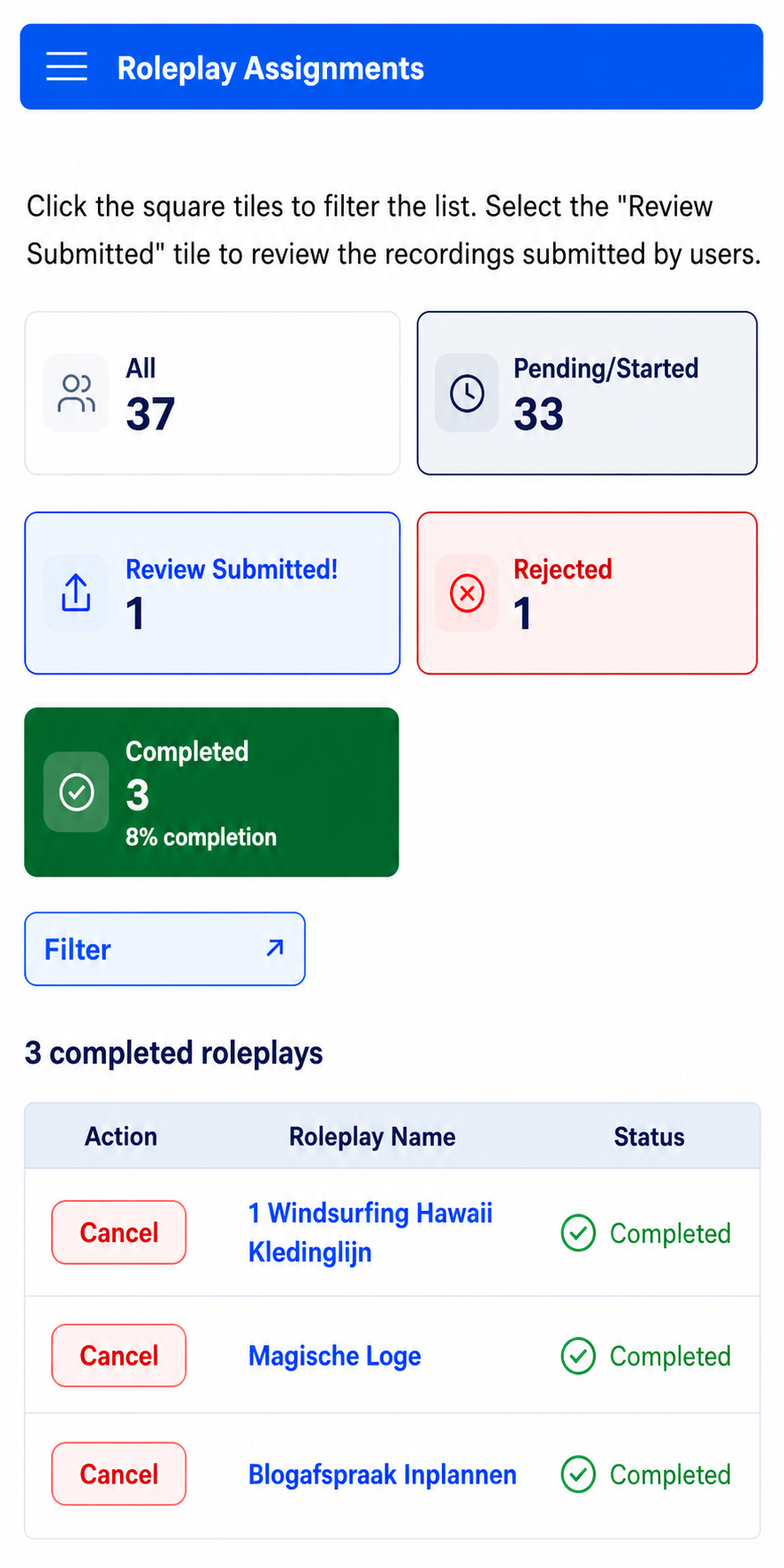 Three completed roleplays, each with a Cancel button and green Completed status