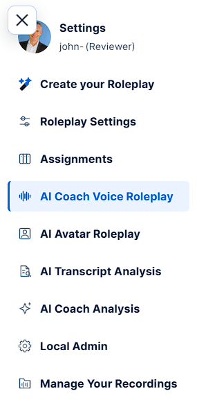 Mobile app menu with roleplay assignments, voice practice, transcript analyses and AI Coach analyses