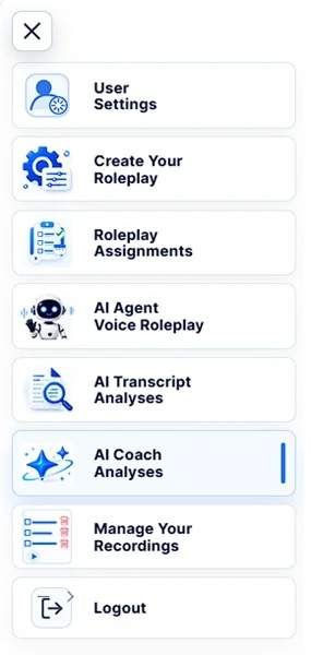 Mobile app menu with roleplay assignments, voice practice, transcript analyses and AI Coach analyses