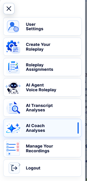 Mobile app menu with roleplay assignments, voice practice, transcript analyses and AI Coach analyses
