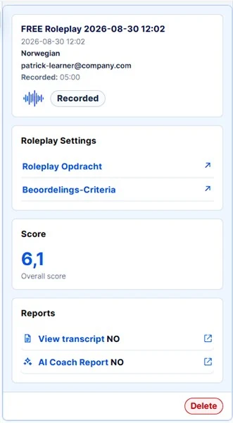 Saved roleplay recording with roleplay settings, an overall score of 6.1, transcript and AI Coach report links