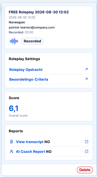 Saved roleplay recording with roleplay settings, an overall score of 6.1, transcript and AI Coach report links