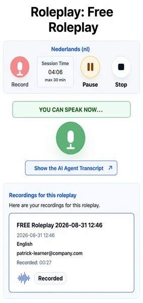 Roleplay: Free Roleplay recording screen with recording controls, green speaking indicator, transcript button and saved recording