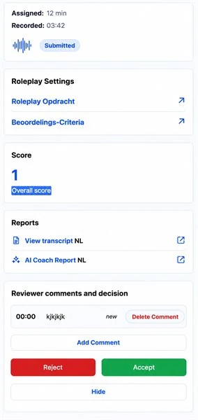 Submitted mobile roleplay recording with settings, score, reports, reviewer comment, and Reject and Accept actions
