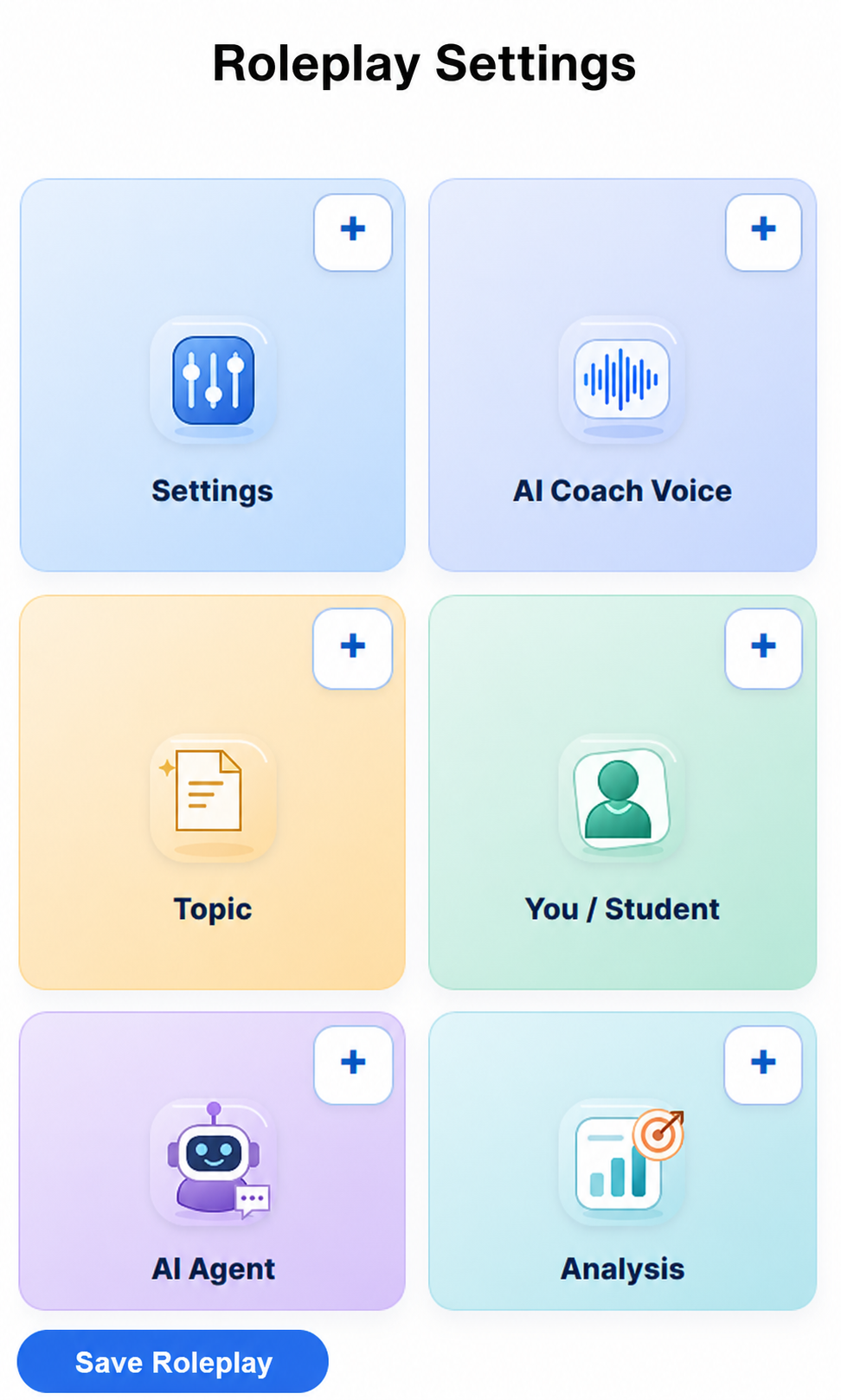 Mobile roleplay settings with six colorful tiles for settings, voice, topic, learner, AI Agent and analysis